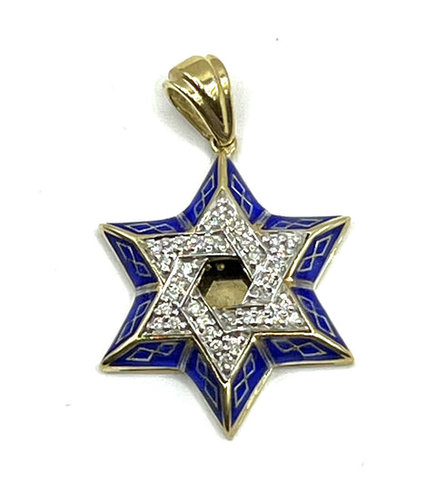 14K Gold & Diamond With Blue Enamel Star of David Necklace